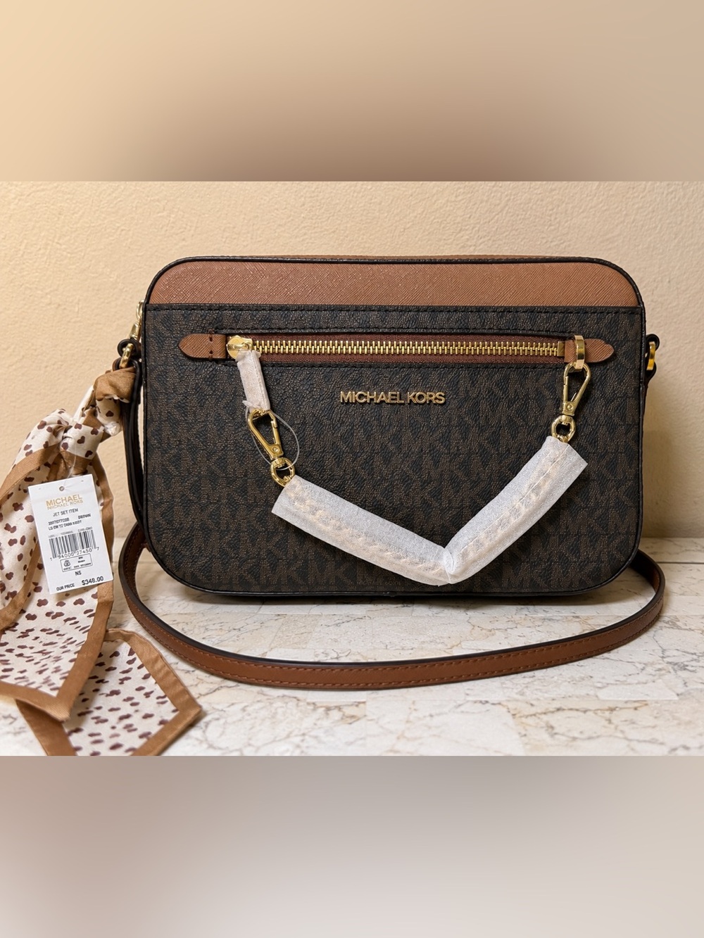 Michael Kors Brown and Tan Signature Monogram Crossbody Bag